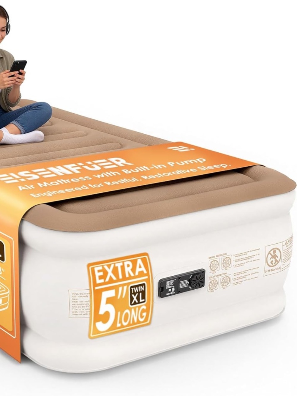 Air Mattress Twin XL (Extra Long) with Built-in Pump – 18" Raised Inflatable